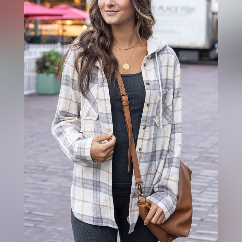 Hooded Flannel Grey Ivory Shacket